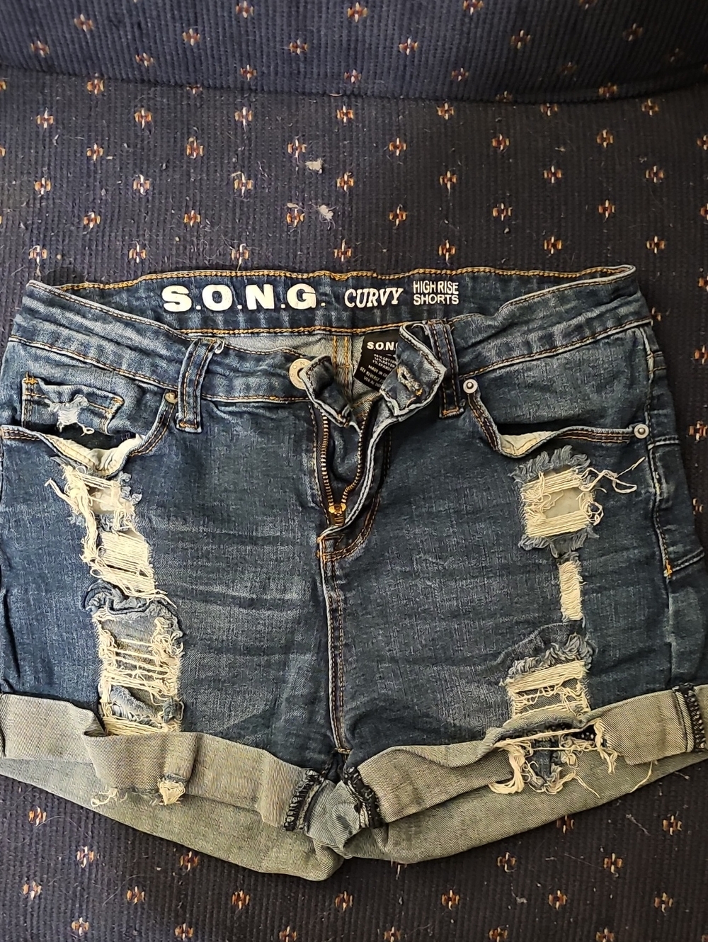 S.O.N.G. Curvy High-Rise Distressed Denim Shorts - Dark Blue